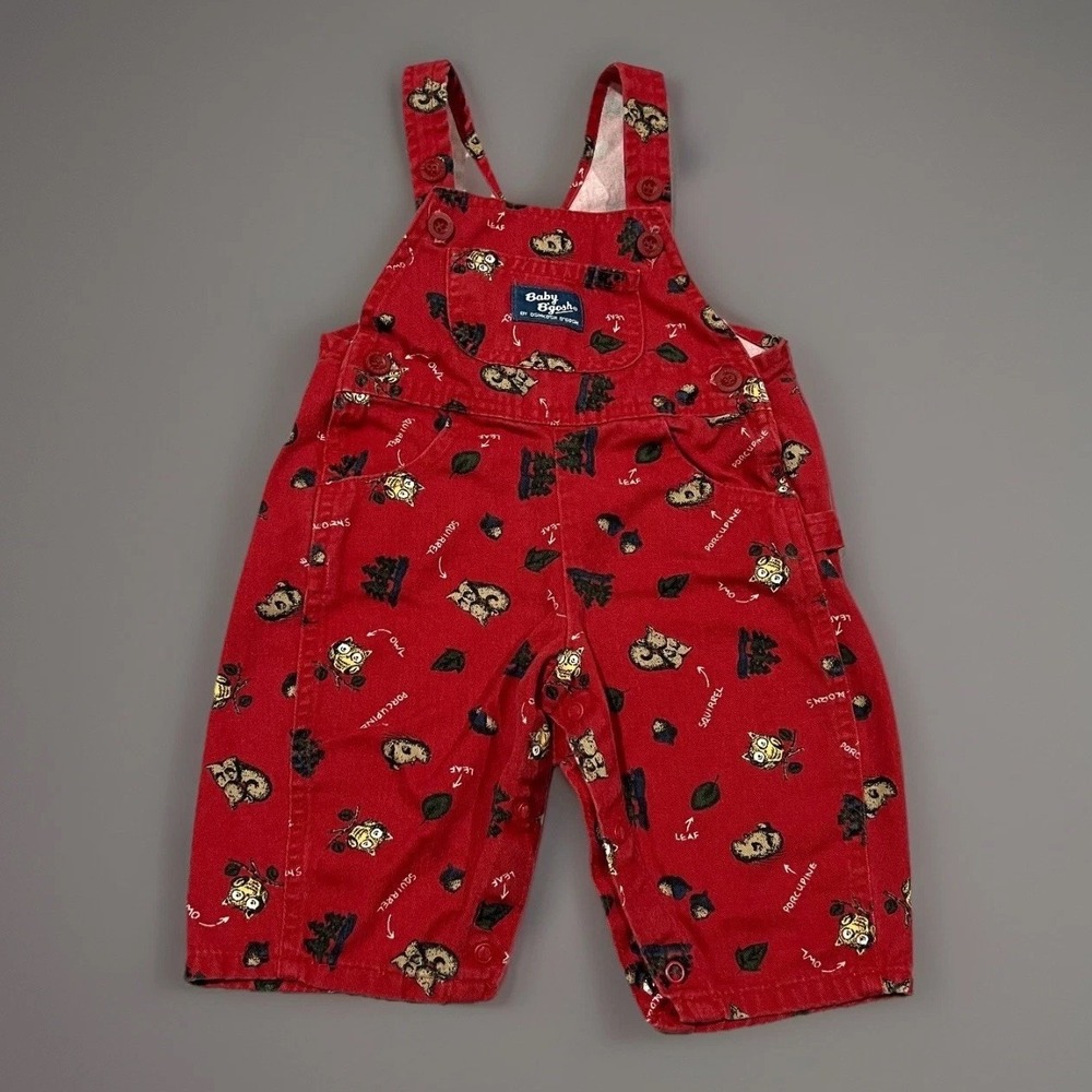 Vintage OshKosh BGosh Baby Red Cotton Nature Print Owl Tree Overalls 6 9 Months